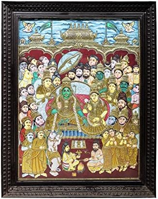 Екзотична Индия 42 x 54 Картина Дограма Darbar Танджоре | Традиционните Цветове С 24-Каратово злато | Рамка от Тиково дърво | Gold