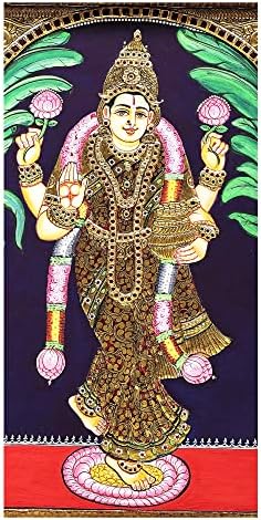 Снимка на Екзотична Индия 17 x 21 Стои Богинята Лакшми Танджоре | Традиционните Цветове С 24-Каратово злато | Тиково Дърво Fr
