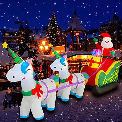 SEASONBLOW 9-Крак Коледен Надуваем Дядо Коледа с Шейна с 2 Еднорози + 8-Подножието на надуваеми играчки с led подсветка, Коледен влак с Дядо Коледа, декорация във формата на ?