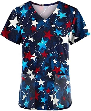 Дамски ризи Scrubs_Tops на Деня на Независимостта с V-образно деколте и Принтом Звезди, Ежедневни Летни Блузи С Къс ръкав, Блузи