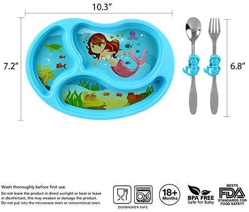 Разделението чиния с прибори за деца - Комплект за бебешка храна с купа, вилица и лъжица - Русалка