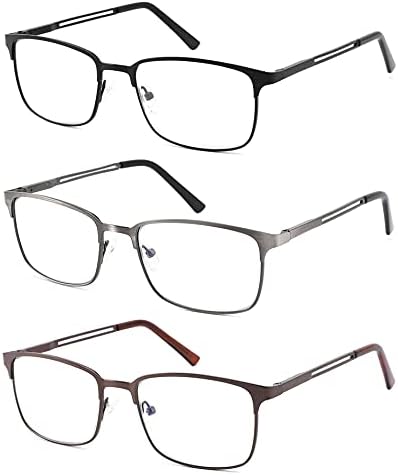 HOTJOJO Очила за четене 3 опаковки на Метални Ридеров, Блокиране на Синя Светлина за Мъже, Анти-UV/Отблясъци/Напрежение на очите,