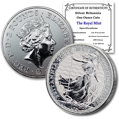 2022 Сребърна монета Britannia с тегло 1 унция, Брилянт, без да се прибягва (BU), със сертификат за автентичност, 2 лири стерлинги, Мента щата