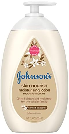 Хидратиращ детски лосион на Johnson ' s Skin Nourish за суха кожа с аромат на ванилия и овес, Нежен и лек Лосион за тяло за цялото семейство, Хипоалергичен, без оцветители, 16,9 т?