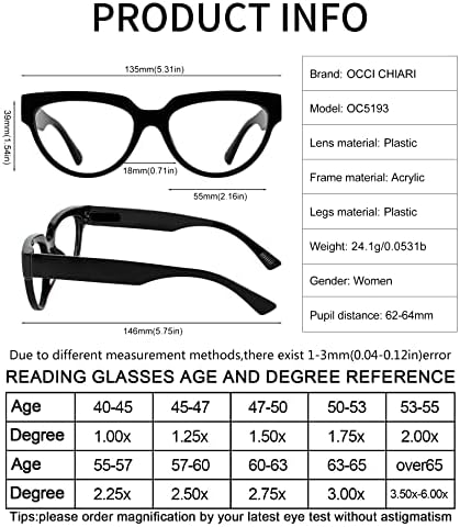 OCCI CHIARI Големи Очила за четене за Жени Cateye Readers(1.0 1.5 2.0 2.5 3.0 3.5 4.0 5.0 6.0)