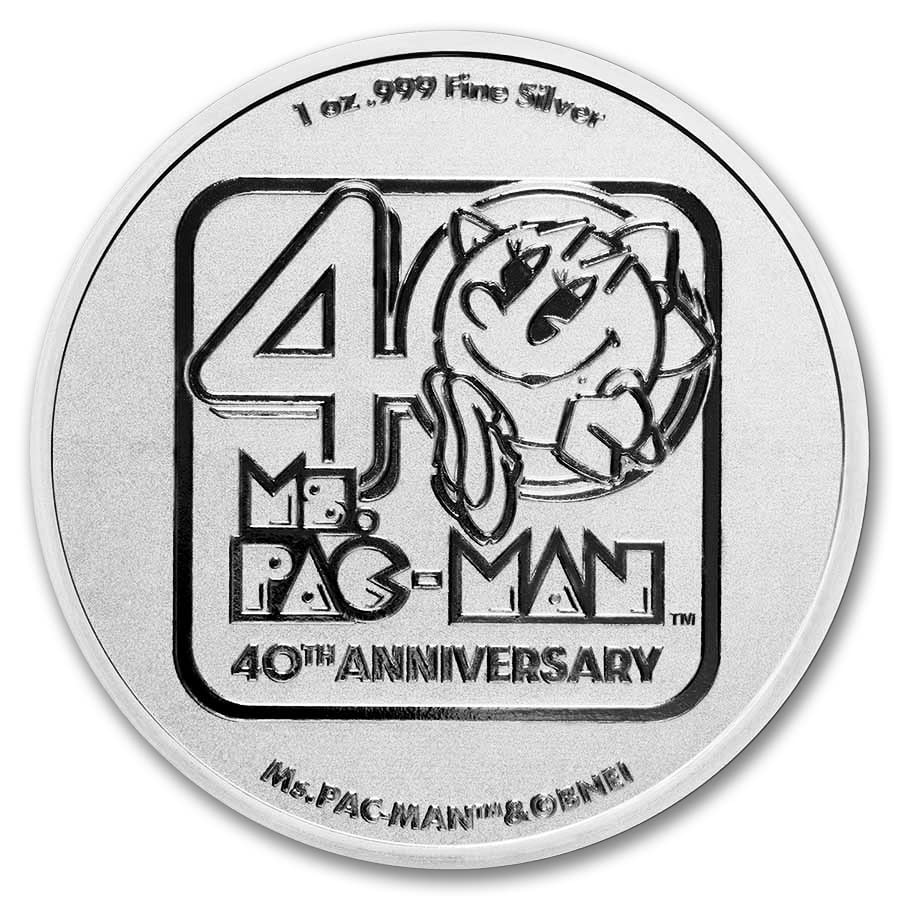 2021 NU Ниуе 1 унция Сребърна монета Ms. Pac-Man 40th Anniversary Монета Брилянт Без лечение (в капсули) със сертификат за автентичност