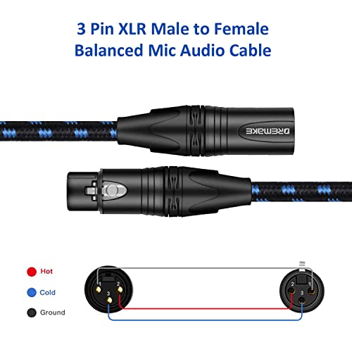 Аудио кабел за микрофон DREMAKE с дължина 10 метра - Балансиран кабел XLR-XLR с змеевидными кабелите - XLR 3-Пинов кабел за микрофон от мъжа към жената и от черно, Синьо Твида - 1
