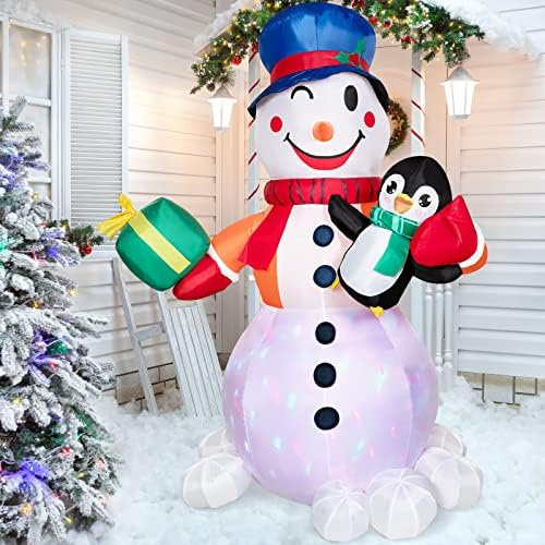 Надуваем Снежен човек DECORLIFE, 6 фута Огромен Снежен човек с Пингвин, Надуваеми Вградени Въртящи се предни led Светлини, Коледни Надуваеми Външни Декорации за двор, гра?