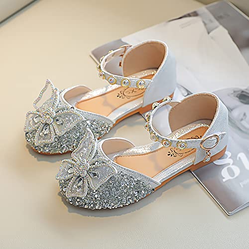 Размер на 4 Обувки за момчетата За едно дете Принцеса Crystal Детски Танцови обувки с лък и перли Обувки (Сребрист цвят, за по-големите деца 10,5-11 години)