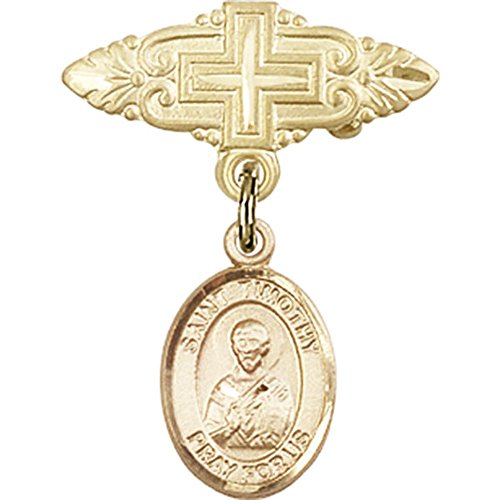 детски икона от 14-каратово жълто злато, с талисман на Свети Тимотей и иконата-игла с кръст с размери 1 X 3/4 инча